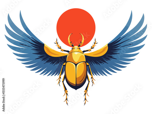 Golden Egyptian scarab beetle with blue wings and red sun on white background, symbolizing rebirth and protection