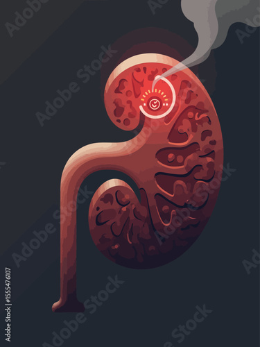 kidney in shape of metal engines, with dial on it with red light saying check with smoke coming out of kidney engine, malfuntion