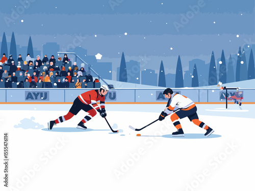 Sportsman from different team are playing hockey, competing on friendly match without spectators winter games competition