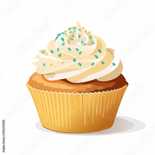 Stylized Cupcake with Swirled Frosting and Teal Sprinkles Illustration