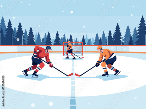 Sportsman from different team are playing hockey, competing on friendly match without spectators winter games competition