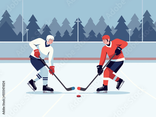 Sportsman from different team are playing hockey, competing on friendly match without spectators winter games competition