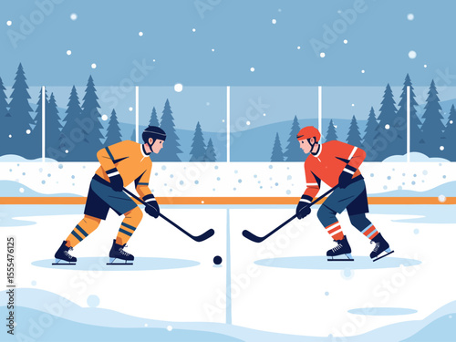 Sportsman from different team are playing hockey, competing on friendly match without spectators winter games competition