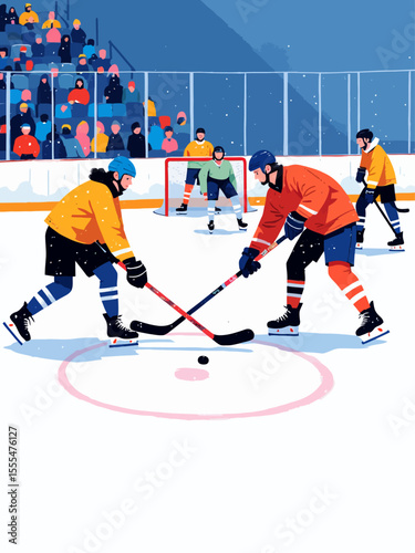 Sportsman from different team are playing hockey, competing on friendly match without spectators winter games competition