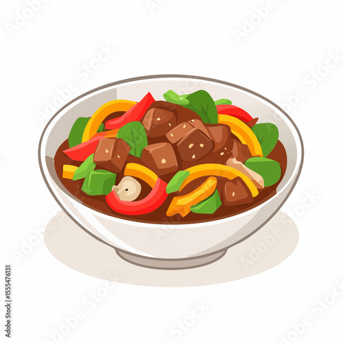 Cartoon bowl of stir-fried beef cubes with peppers and spinach leaves
