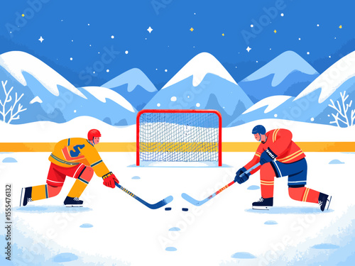 Sportsman from different team are playing hockey, competing on friendly match without spectators winter games competition