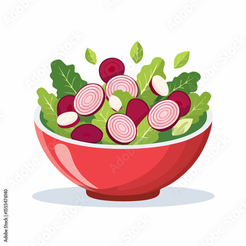 Fresh Beetroot Salad with Arugula and Red Onion in a Red Bowl