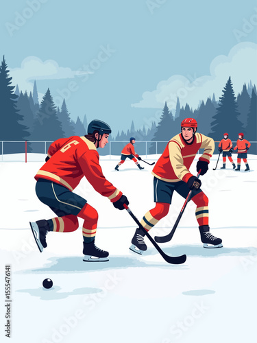 Sportsman from different team are playing hockey, competing on friendly match without spectators winter games competition