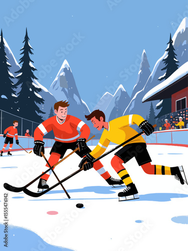 Sportsman from different team are playing hockey, competing on friendly match without spectators winter games competition