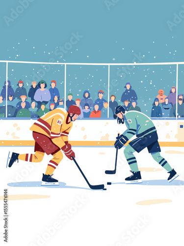 Sportsman from different team are playing hockey, competing on friendly match without spectators winter games competition