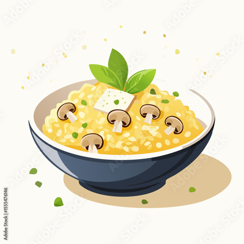 Mushroom Risotto Bowl with Tofu and Basil, Artistic Food Illustration