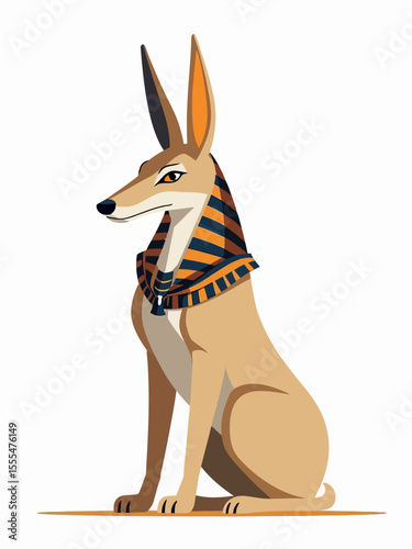Stylized depiction of Anubis with jackal head and Egyptian garment, flat graphic style on white background