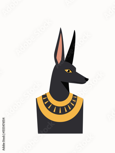 Stylized depiction of Anubis with jackal head and Egyptian garment, flat graphic style on white background