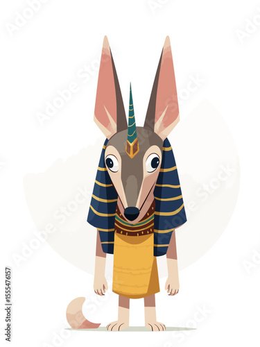 Stylized depiction of Anubis with jackal head and Egyptian garment, flat graphic style on white background