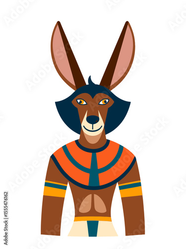 Stylized depiction of Anubis with jackal head and Egyptian garment, flat graphic style on white background