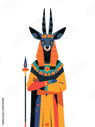 Stylized depiction of Anubis with jackal head and Egyptian garment, flat graphic style on white background