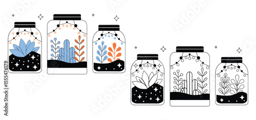 Decorative jars with various plants and fairy lights in a creative illustration for design and decoration.