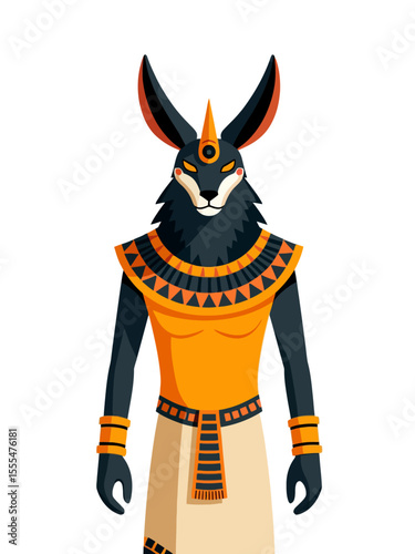 Stylized depiction of Anubis with jackal head and Egyptian garment, flat graphic style on white background