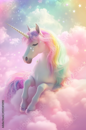 A serene unicorn resting on fluffy pastel clouds with a dreamy, colorful background