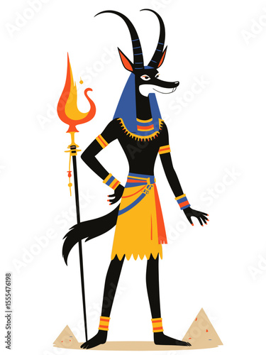 Stylized depiction of Anubis with jackal head and Egyptian garment, flat graphic style on white background