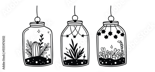 Elegant black and white illustrations showcasing terrariums with different plants inside glass jars in modern style.