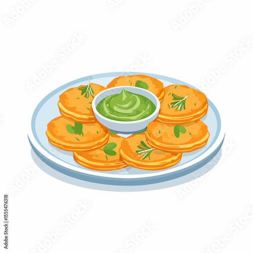 Golden Potato Pancakes with Vibrant Green Herb Sauce on a Plate
