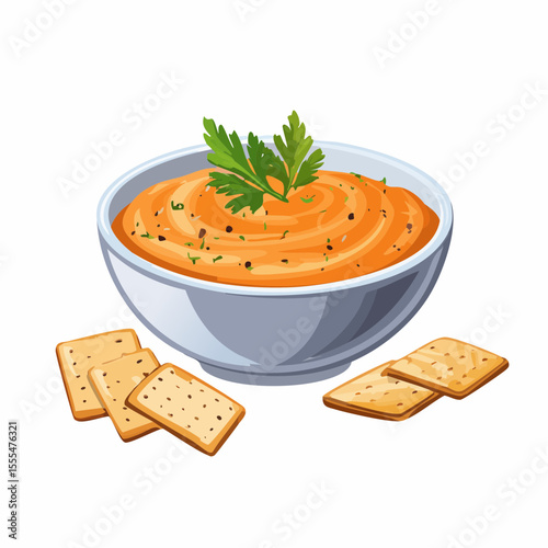 Creamy orange dip with parsley garnish in a bowl, served with crackers