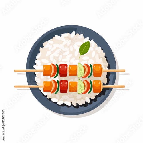 Skewered vegetable kebabs on rice, served on a dark blue plate with a green leaf garnish.