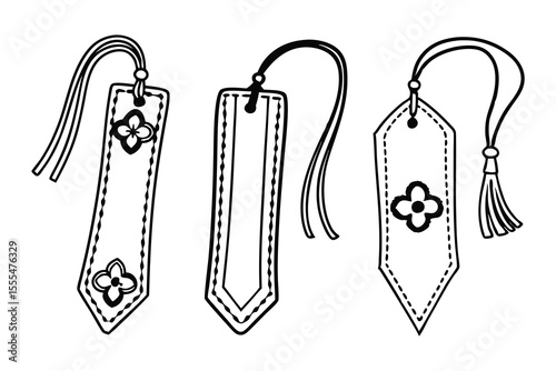 Hand drawn outline illustrations of decorative bookmarks with floral elements and attached decorative tassels or strings.