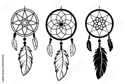 Elegant illustration of three intricately designed dream catchers featuring detailed feathers and decorative beadwork on a white background.