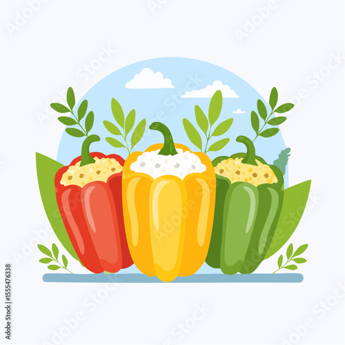 Colorful Bell Peppers with Filling and Green Leaves Illustration