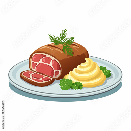 Elegant meat roll with mashed potatoes and dill sprigs on a plate