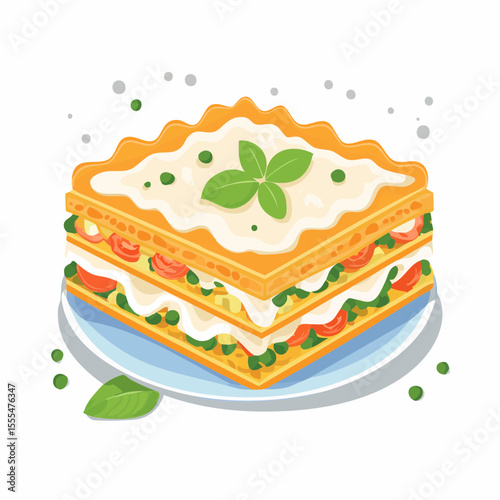 Isometric Lasagna Slice with Creamy Sauce, Basil, Tomatoes, and Peas on Plate