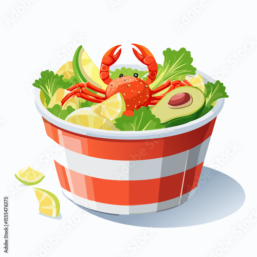 Cartoon crab salad with avocado, lettuce, and lemon in a striped bowl