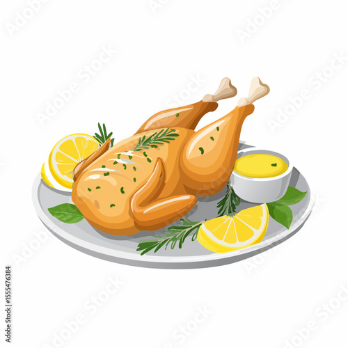 Golden Roasted Chicken with Lemon Wedges and Rosemary Sprigs on Platter