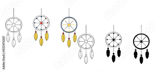 Illustrative collection featuring variations of dreamcatcher designs in different colors and minimalist graphic styles for decoration.