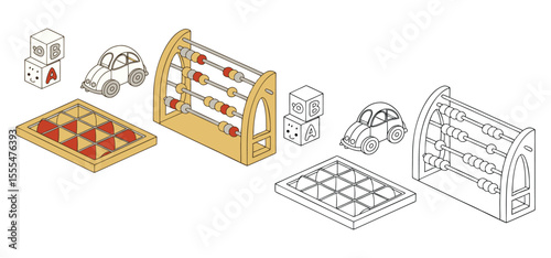 Illustration of wooden toys including blocks puzzle car and an abacus in a clean and minimalist isometric perspective