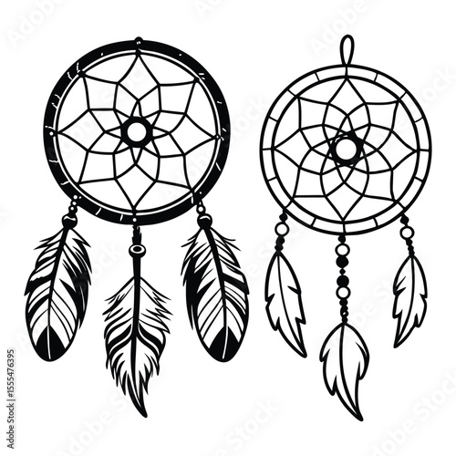 Intricate black and white dreamcatcher designs featuring detailed patterns and feather embellishments for creative projects
