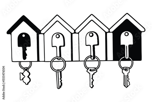 Monochrome illustration of a key holder with house shaped designs and hanging keys with keychains and accessories.