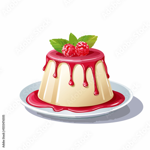 Panna Cotta Dessert Topped with Raspberries, Mint Leaves, and Raspberry Sauce
