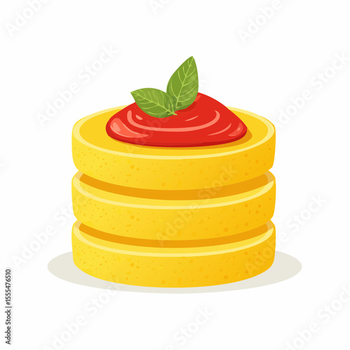 Stylized Layered Cake with Red Topping and Green Leaf Garnish Illustration