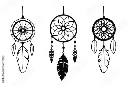 Three stylized black and white dreamcatcher illustrations with intricate circular designs and attached feathers hanging beautifully.