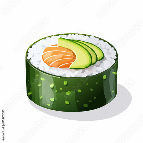 Salmon and Avocado Sushi Roll with Seaweed and Rice Illustration