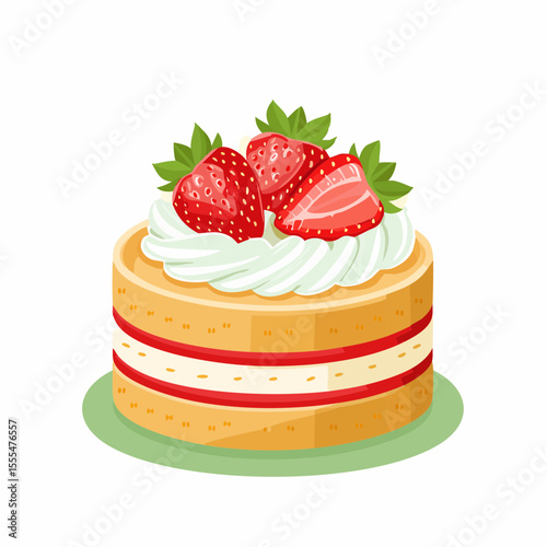 Delicious Strawberry Cake with Whipped Cream and Green Leaf Garnish Illustration