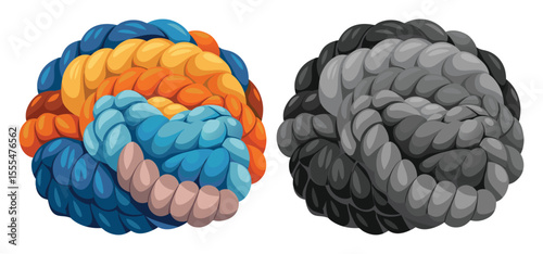 Two abstract designs with braided forms showcasing vivid colors and a grayscale representation against a white background
