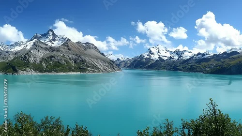 Turquoise lake surrounded by snow-capped mountains