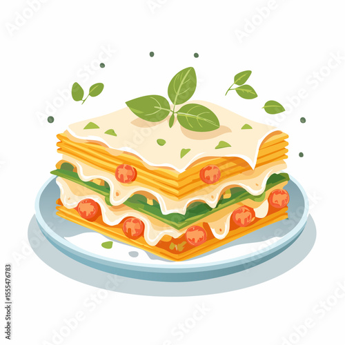 Delicious layered lasagna with basil garnish and tomato accents on a plate