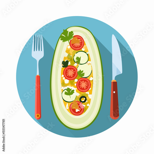 Zucchini boat filled with tomatoes, cucumbers, olives, parsley, fork and knife