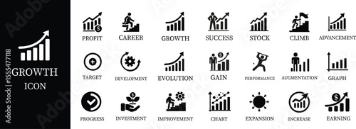 Growth icon set.Containing performance, gain, improvement, grow, chart, increase, evolution and development icon.Increase and Decrease Line Icon.Vector illustration.
