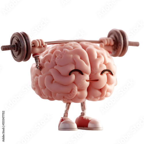 Cartoon brain weightlifting with a barbell isolated on transparent background